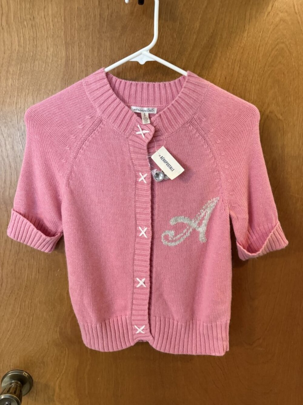 Aeropostale Women's Short Sleeve Knit Varsity Cardigan Small Pink "A" Monogram